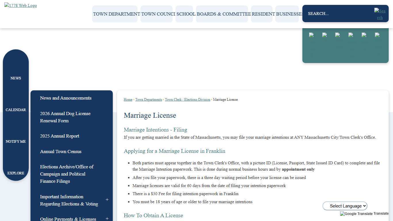 Marriage License  Franklin, MA